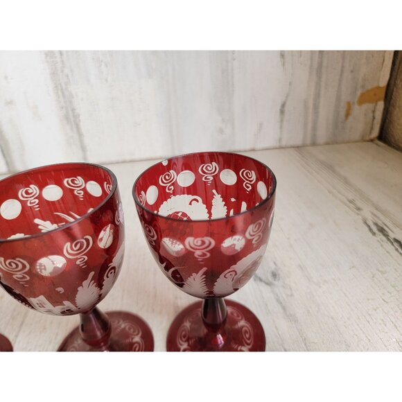 Egermann red cup Bohemian etched glass set collectible vintage - Picture 6 of 13